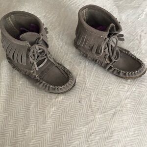 Taupe/ grey suede high top moccasin shoes/slippers, 6